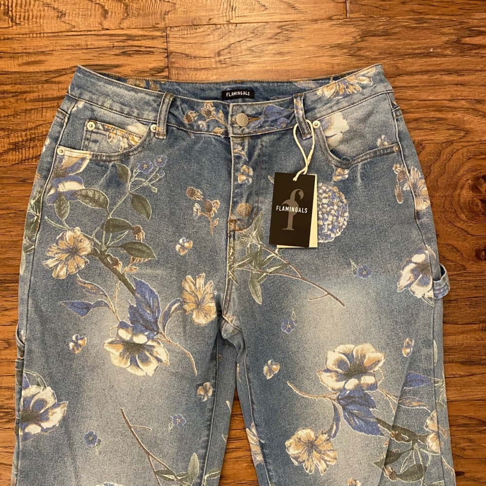 Flamingals Floral Carpenter Jeans Women 30 Blue Straight Leg Utility High Rise - Picture 2 of 11